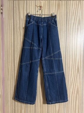 X-Girl Dark Blue Wide-Leg Patchwork Jeans with Elastic Waistband M